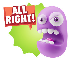 3d Rendering Angry Character Emoji saying All Right with Colorfu
