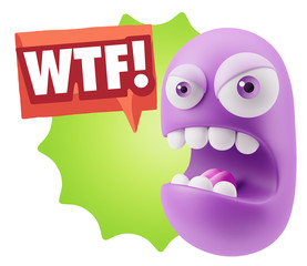 3d Rendering Angry Character Emoji saying WTF with Colorful Spee