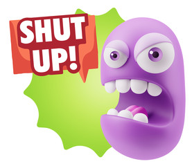 3d Rendering Angry Character Emoji saying Shut Up with Colorful