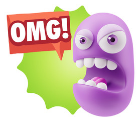 3d Rendering Angry Character Emoji saying OMG with Colorful Spee