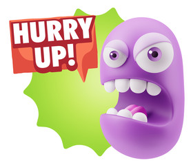 3d Rendering Angry Character Emoji saying Hurry Up with Colorful