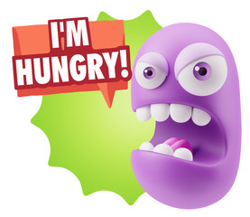3d Rendering Angry Character Emoji saying I'm Hungry with Colorf