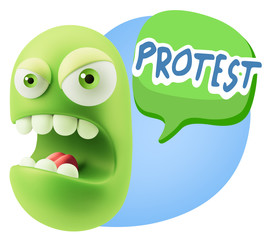 3d Rendering Angry Character Emoji saying Protest with Colorful