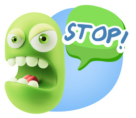 3d Rendering Angry Character Emoji saying Stop with Colorful Spe