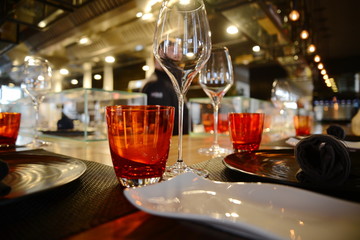 Empty glasses in luxury restaurant
