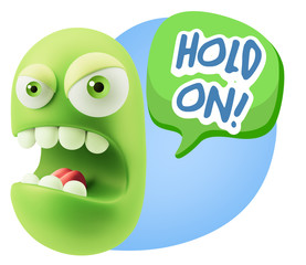 3d Rendering Angry Character Emoji saying Hold On with Colorful