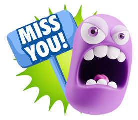 3d Rendering Angry Character Emoji saying Miss You with Colorful