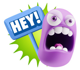 3d Rendering Angry Character Emoji saying Hey with Colorful Spee