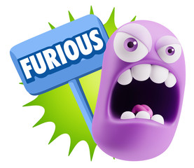 3d Rendering Angry Character Emoji saying Furious with Colorful
