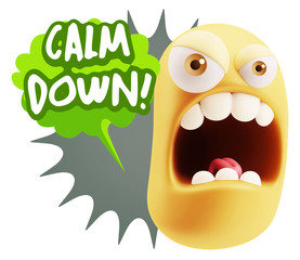 3d Rendering Angry Character Emoji saying Calm Down with Colorfu