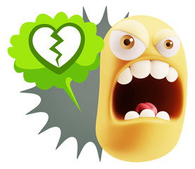 3d Rendering Angry Character Emoji saying Heart Broken Icon with