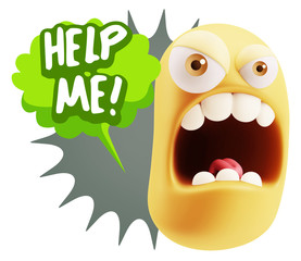 3d Rendering Angry Character Emoji saying Help me with Colorful