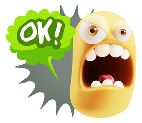 3d Rendering Angry Character Emoji saying OK with Colorful Speec