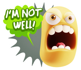 3d Rendering Angry Character Emoji saying I'm not Well with Colo