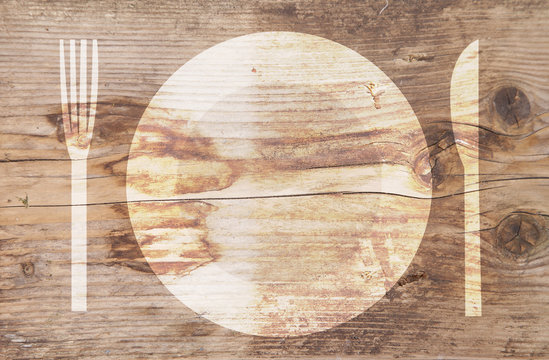 Illustration of white plate on brown wooden background