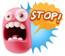 3d Rendering Angry Character Emoji saying Stop with Colorful Spe