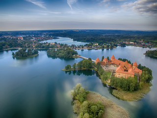 Fototapeta na wymiar Trakai, Lithuania: Island castle, aerial UAV top view, flat lay