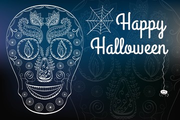 Halloween night, blurred background. Happy halloween card. Hand drawn skull.
