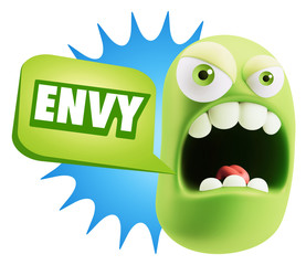 3d Rendering Angry Character Emoji saying Envy with Colorful Spe