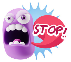 3d Rendering Angry Character Emoji saying Stop with Colorful Spe