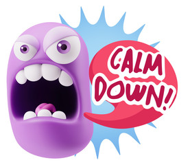 3d Rendering Angry Character Emoji saying Calm Down with Colorfu