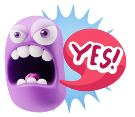 3d Rendering Angry Character Emoji saying Yes with Colorful Spee