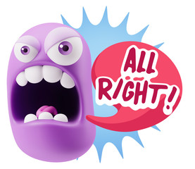 3d Rendering Angry Character Emoji saying All Right with Colorfu