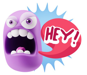 3d Rendering Angry Character Emoji saying Hey with Colorful Spee