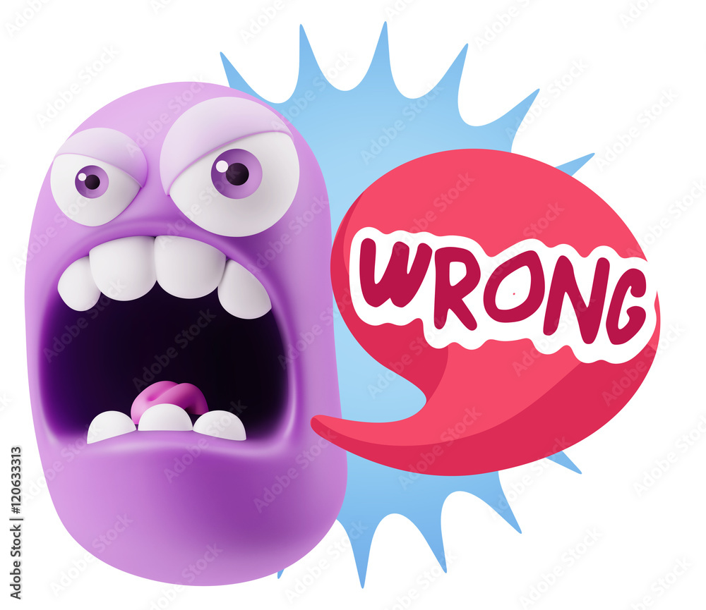 Poster 3d rendering angry character emoji saying wrong with colorful sp