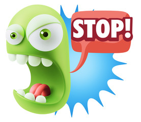 3d Rendering Angry Character Emoji saying Stop with Colorful Spe