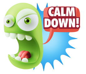 3d Rendering Angry Character Emoji saying Calm Down with Colorfu