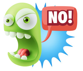 3d Rendering Angry Character Emoji saying No with Colorful Speec