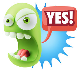 3d Rendering Angry Character Emoji saying Yes with Colorful Spee
