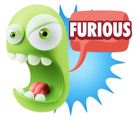 3d Rendering Angry Character Emoji saying Furious with Colorful