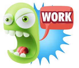 3d Rendering Angry Character Emoji saying Work with Colorful Spe