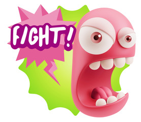3d Rendering Angry Character Emoji saying Fight with Colorful Sp