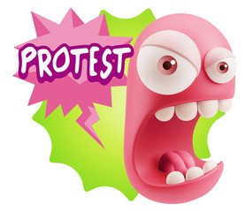 3d Rendering Angry Character Emoji saying Protest with Colorful