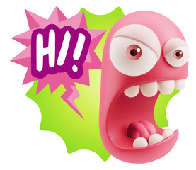 3d Rendering Angry Character Emoji saying Hi with Colorful Speec