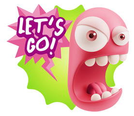 3d Rendering Angry Character Emoji saying Let's Go with Colorful