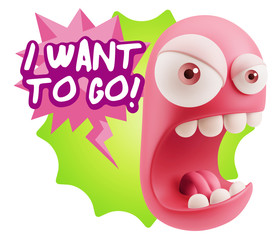 3d Rendering Angry Character Emoji saying I Want to Go with Colo