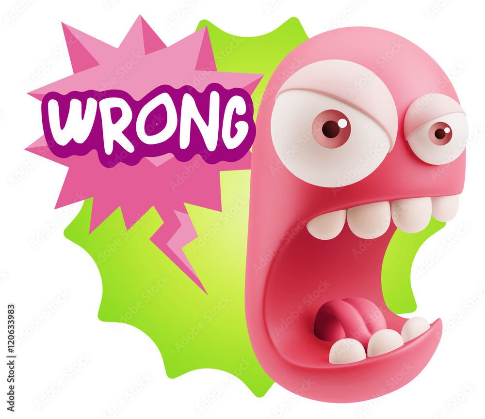 Poster 3d rendering angry character emoji saying wrong with colorful sp