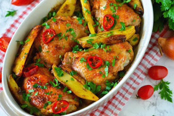 Baked, marinated chicken with potatoes and rosemary