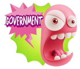 3d Rendering Angry Character Emoji saying Government with Colorf