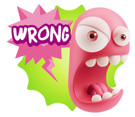3d Rendering Angry Character Emoji saying Wrong with Colorful Sp