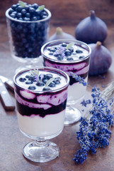Blueberry dessert with lavender flowers