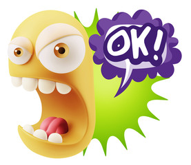 3d Rendering Angry Character Emoji saying OK with Colorful Speec