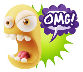 3d Rendering Angry Character Emoji saying OMG with Colorful Spee
