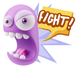 3d Rendering Angry Character Emoji saying Fight with Colorful Sp