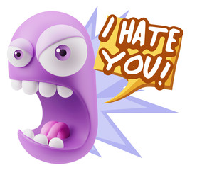 3d Rendering Angry Character Emoji saying I Hate you with Colorf