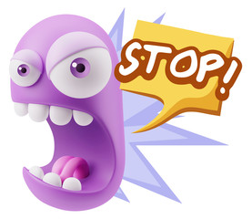 Obraz premium 3d Rendering Angry Character Emoji saying Stop with Colorful Spe
